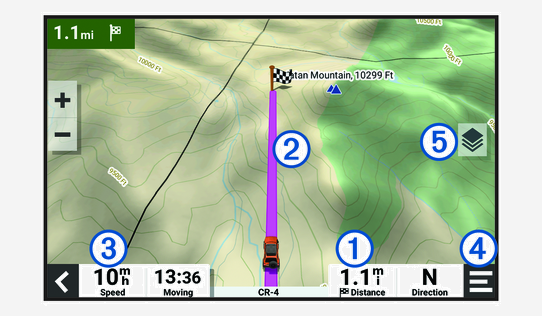 Active straight line route on a navigation map with callouts
