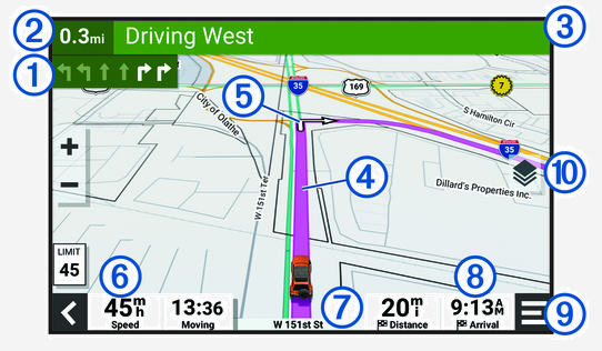 Active route on a navigation map with callouts